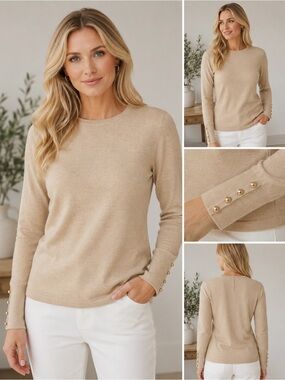 J. McLaughlin Camel Knit Crewneck Sweater with Turquoise Label